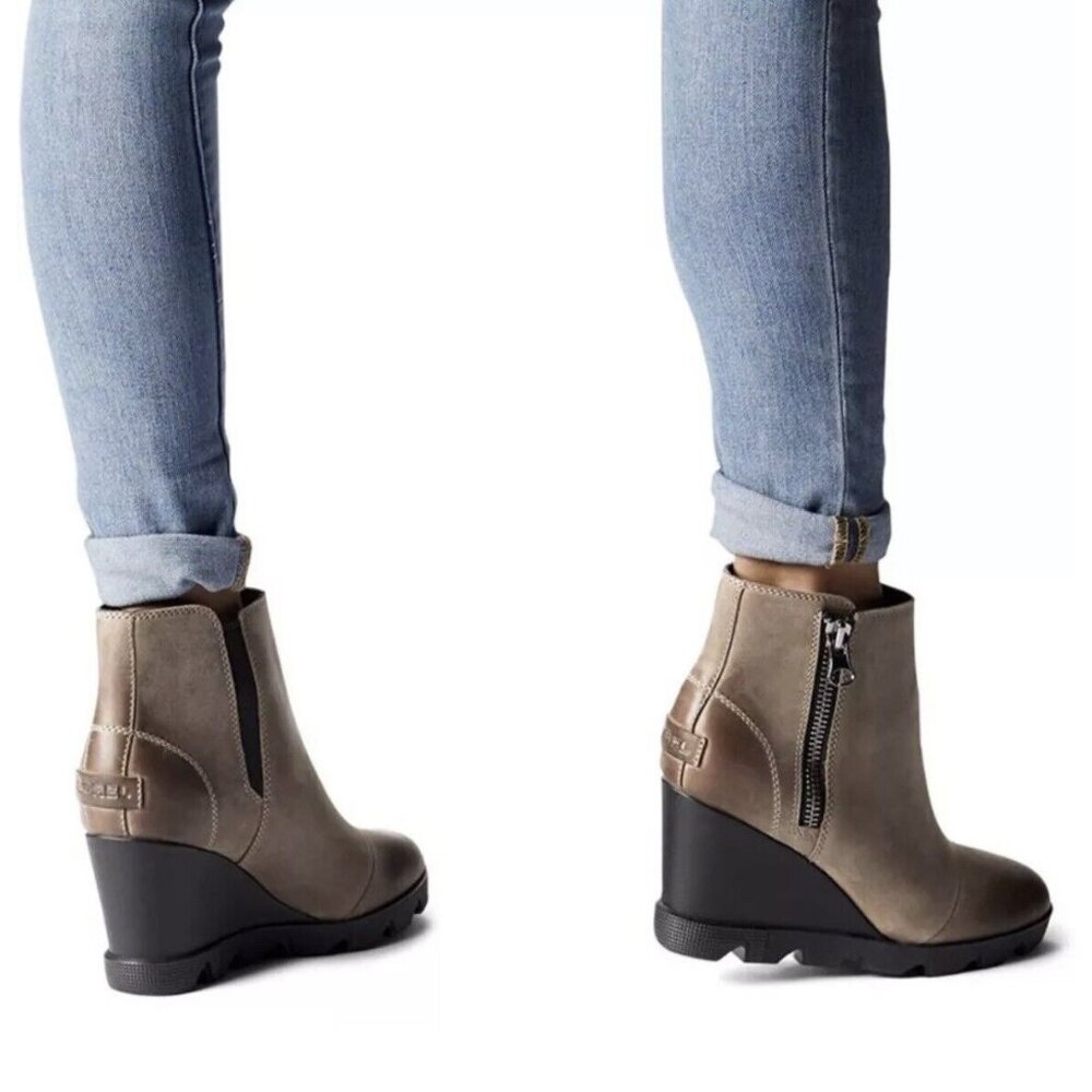 SOREL Joan Uptown Zip Wedge Ankle Chelsea Boot Khaki Leather Wms US 8 Waterproof